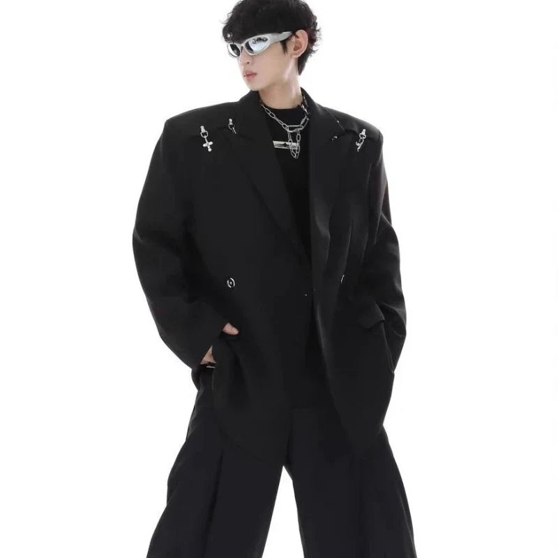 Men's Premium Korean Style Single-Breasted Casual Blazer Set Autumn Trendy Split-Design Loose Fit Elegant Jacket Outerwear
