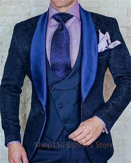 3 Piece Elegant Mens Suits Italian Design Custom Made Navy Blue Jacquard Smoking Tuxedo Jacket Groom Wedding Suits For Men
