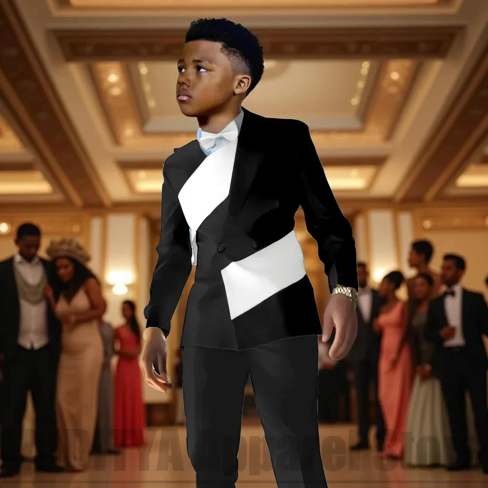 Fashion Contrast Color Children's Suit 2 Piece Double Breasted Outfit Formal Wedding Party Prom Boys Suits (Blazer+Pants)