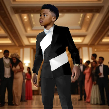 Fashion Contrast Color Children's Suit 2 Piece Double Breasted Outfit Formal Wedding Party Prom Boys Suits (Blazer+Pants)