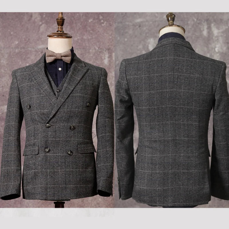 Retro British Style Double Breasted Suit Jacket Men's Checkered Business Formal Suit Wedding Professional Suit