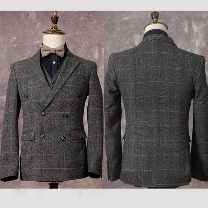 Retro British Style Double Breasted Suit Jacket Men's Checkered Business Formal Suit Wedding Professional Suit
