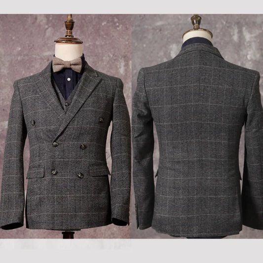 Retro British Style Double Breasted Suit Jacket Men's Checkered Business Formal Suit Wedding Professional Suit