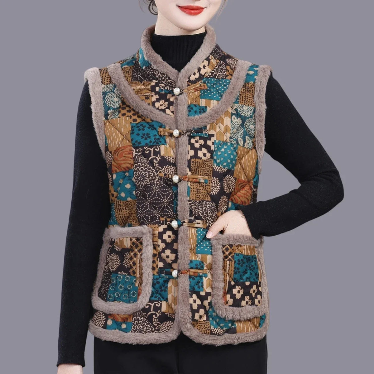 Middle-aged Mother Add Velvet Warm Vest Coat Autumn Winter New Printed Fleece Sleeveless Jacket Grandma Thicken Warm Waistcoat