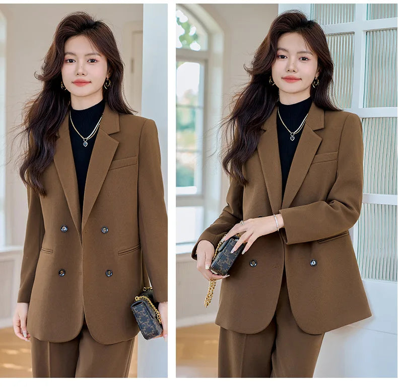 Autumn Winter 2024 New Apricot Coffee Black Elegant Double Breasted Blazer Top And Women High Waist Wide Leg Pant Two Piece Set