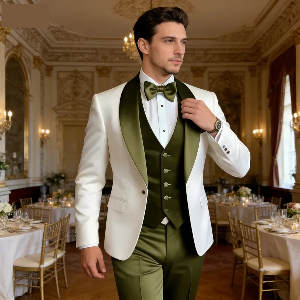 Men's 3-Piece Suit with Scarf Lapel — Single-Breasted Tuxedo for Weddings & Formal Events