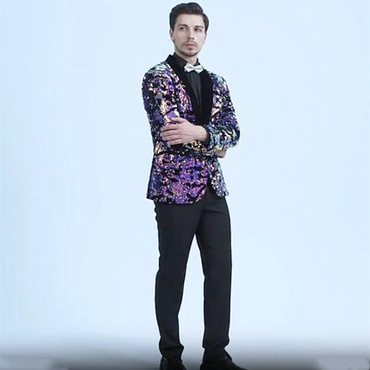 Men's Slim Fit Velvet Tuxedo Blazer Sequin Shawl Lapel One Button Wedding Party Banquet Jacket Shiny Suit Singer Studio Shoot