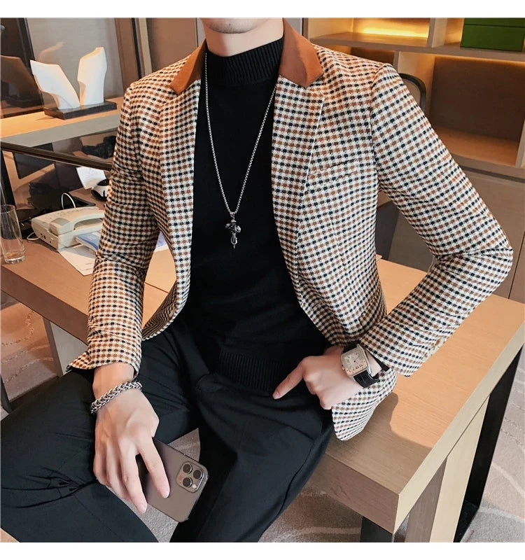 Men's High-Quality Fashion Suit Jacket Handsome Business Casual All-In-One Single-Breasted Checkered Design