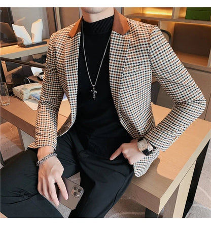 Men's High-Quality Fashion Suit Jacket Handsome Business Casual All-In-One Single-Breasted Checkered Design