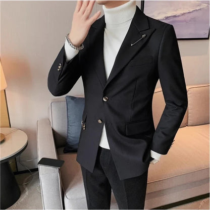 Autumn Pin Decoration Men Blazers Casual Suit Jacket Single Breasted Streetwear Social Business Dress Coat Wedding Groom Jacket