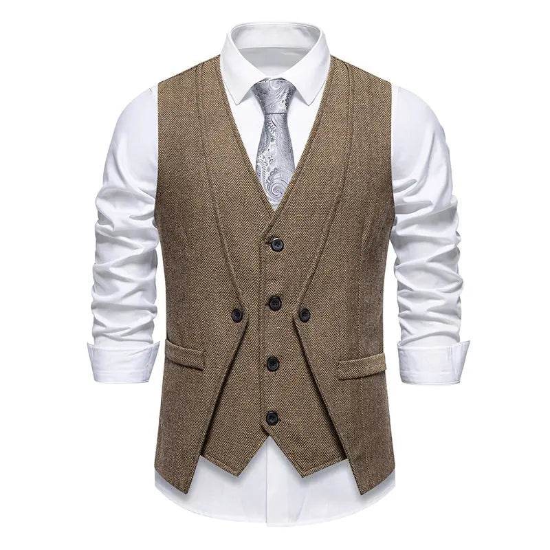 Men's Triple-Breasted Herringbone Tweed Vest – Retro Fake Two-Piece Waistcoat for Weddings & Smart-Casual Occasions