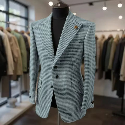 Formal Men's Jacket Houndstooth Woolen Brown Blazer with Peak Lapel Casual Wedding Business Party Coat Autumn Winter Customized