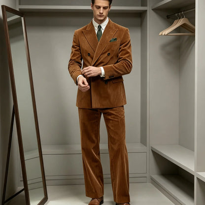 Men's Corduroy Suit 2 Piece Retro Double Breasted Peak Lapel Blazer Straight Leg Pants Formal Set Business Casual Wedding Party