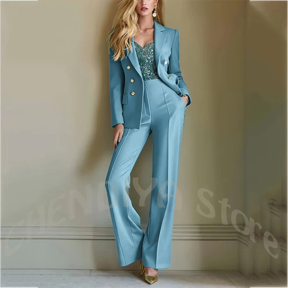 Solid Color Suit For Women High Quality Double Breasted Two Piece Notch Lapel Slim Fit Elegant Fashion Female Outfit Jacket Pant