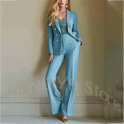 Solid Color Suit For Women High Quality Double Breasted Two Piece Notch Lapel Slim Fit Elegant Fashion Female Outfit Jacket Pant