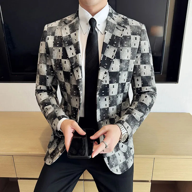 Korean Jacquard Denim Jacket for Men Autumn Winter Casual Business Men Blazers Slim Fit Wedding Social Dress Coat Men Clothing