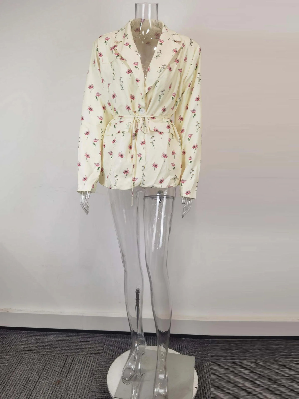 Spring Autumn Fashion Women's Pure Color Belted Shoulder Pad Suit Coat Commute Style Loose Fit Long Sleeve Regular Length