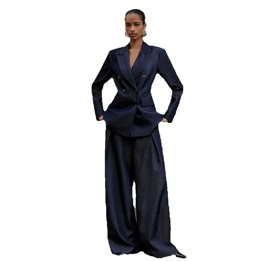 Cowboy Women Suits Fitted Customized Dark Blue Double-breasted Two Pieces(Jacket+Trousers) Ladies Casual Business Office Set