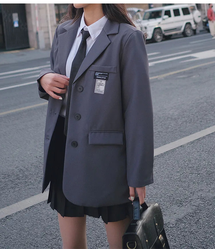 Retro ey ular Women's Suit Loose Hong Kong Sle Faionable Korean Version Spring Autumn New Arrival Polyester Fabric