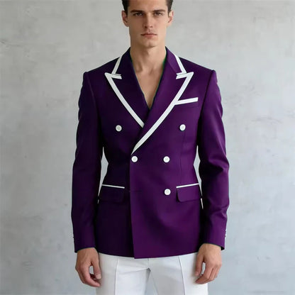 Double Breasted Slim Fit Blazer – Men's Formal Suit Jacket with White Contrast Piping