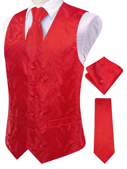 Men's Paisley Jacquard Suit Vest – V-Neck 6-Button Waistcoat with Tie & Pocket Square for Weddings