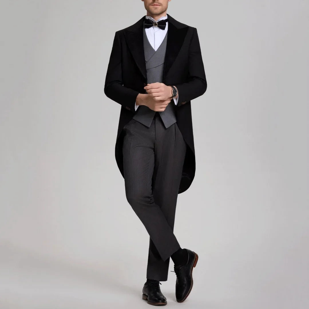 Men Suit 3 Pieces Black With Lapel Tuxedo Set For Wedding Birthday Party Prom Banquet Business Jacket Vest Pants