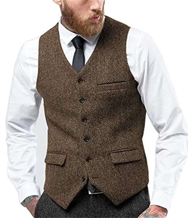 Men's Herringbone Waistcoat Single Breasted Slim Fit Suit Vest for Wedding & Formal Occasions