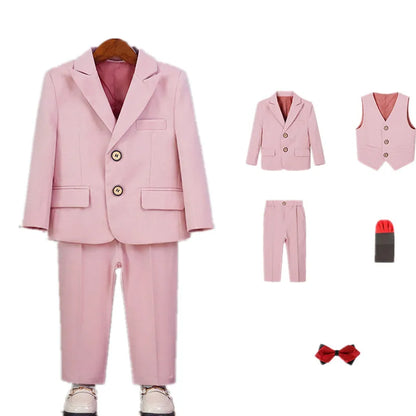 Boys Pure Pink Jacket Vest Pants Bowtie+Pocket Cloth 5pcs Wedding Birthday Outfit Kids Formal Piano Host Performance Costume