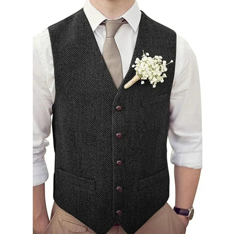 Men's Vest Herringbone V-Neck Single Button Waistcoat for Wedding, Business & Casual Wear