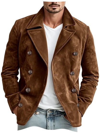 Men Faux Suede Jacket Double Breasted Lapel Collar Casual Blazer Vintage Comfort Business Office Autumn Winter Fashion Male Coat
