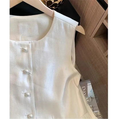 Spring Lady Lotus Leaf Edge Sleeveless T-shirt Summer Women Fashion Patchwork Waistcoat French Femme Round Neck Pearl Satin Vest