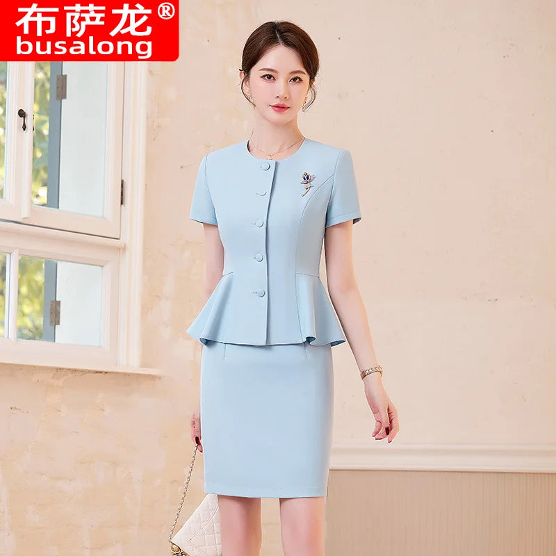 2025Summer Blue Short Sleeve Blazer Suit Professional Women's Skirt Set Short Skirt Elegant Fashion Formal Workwear