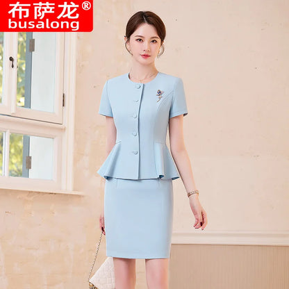 2025Summer Blue Short Sleeve Blazer Suit Professional Women's Skirt Set Short Skirt Elegant Fashion Formal Workwear