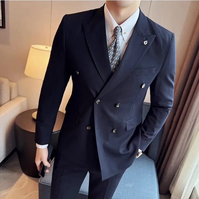 Men's Double Breasted Slim Fit Suit Set – Wedding & Smart Casual – Navy Blue, Brown, Black