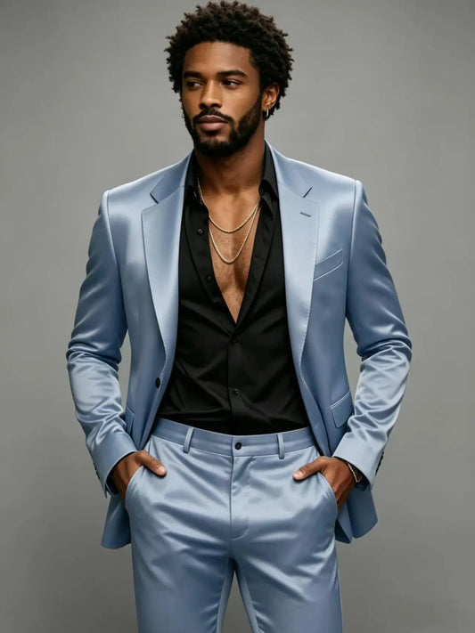 British Men's Satin Suit Flared Pants 2-Piece Set Slim Fit Notch Lapel Formal Wedding Business Party Solid Blazer Trousers