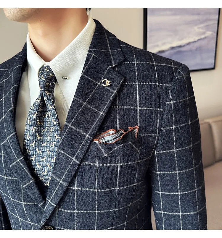 Men's 3-Piece Slim Fit Plaid Suit – Jacket, Vest & Pants for Weddings, Office & Formal Occasions