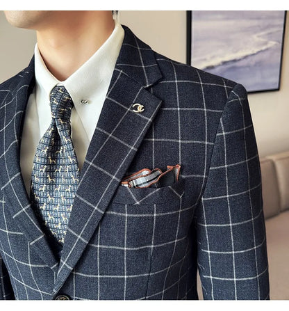 Men's 3-Piece Slim Fit Plaid Suit – Jacket, Vest & Pants for Weddings, Office & Formal Occasions
