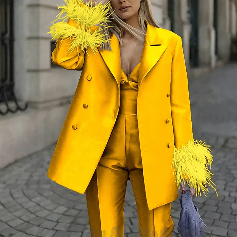 Classic Satin Women's Suit Set 2 Piece Exquisite Feather Double Breasted Jacket With Pants Evening Party Luxury Trouser Suits