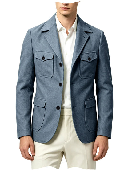 Men's Wool Blazer Notched Lapel Slim Fit 3 Buttons Suit Jacket Multi Pockets Casual Business Autumn Winter Dress Coat Daily Wear