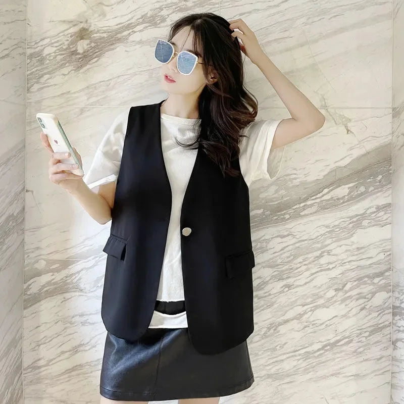 Feminine V-neck Blazer Waistcoat Tops Coat Korean Women Fashion Leisure Suit Vest Outerwear Spring Autumn Ladies Solid Color Sle