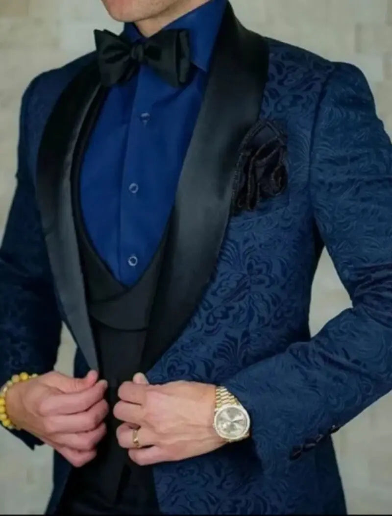 Fashion Jacquard Men Suits Shawl Lapel Business Wedding Tuxedos Slim Fit Blazer Vest Pants for Prom Party 3 Pieces Costume Homme