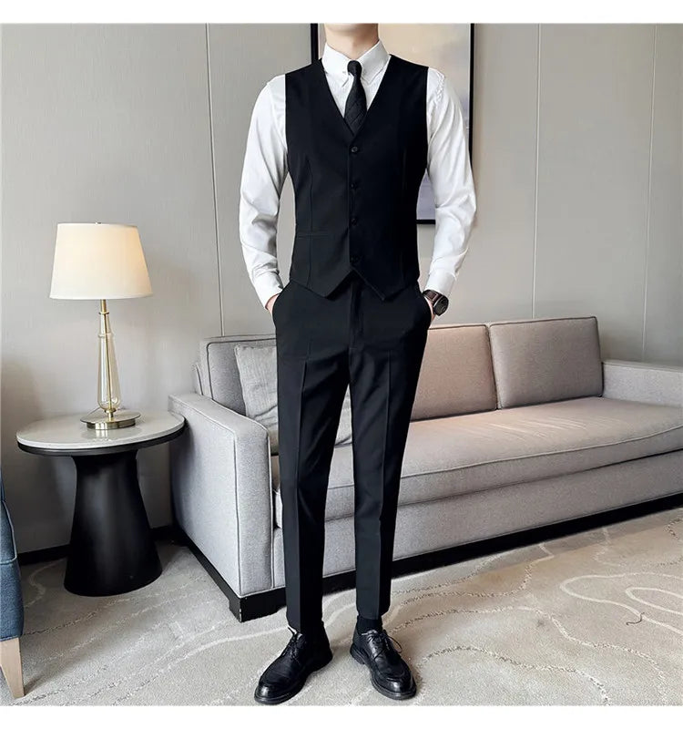 Men's 3 Piece Suit Set Double‑Button Solid Color Slim Fit Business Casual Wedding Banquet Party Jacket Vest Pants Formal Outfit