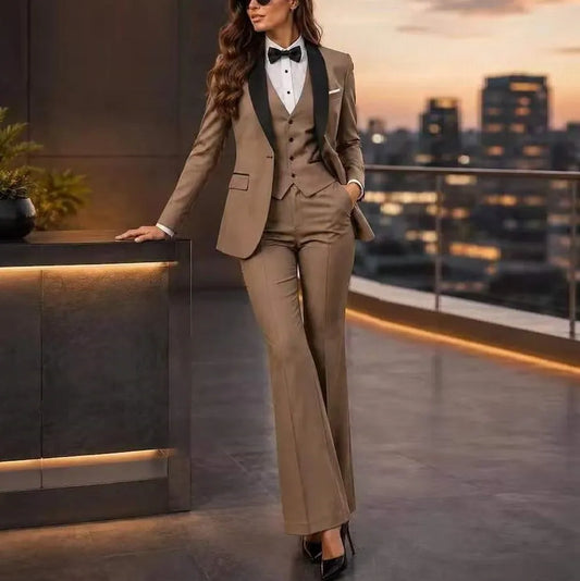 Black Collar Brown Formal Business Women Suit Wedding Party Prom Ladies Mother Tuxedos Costume 3 Piece Set Blazer Vest Pants