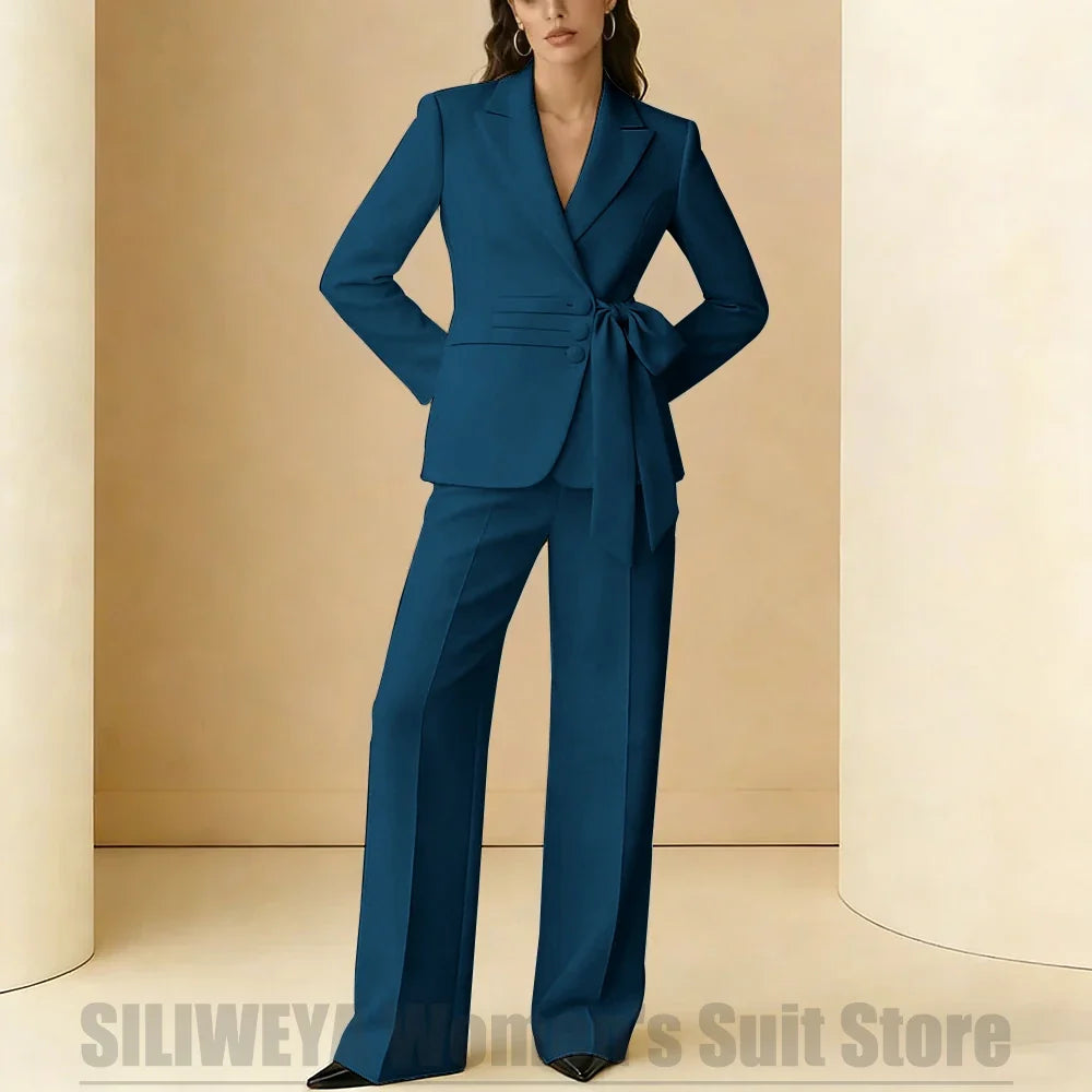 Women's Suit 2 Piece Bow Belt Design Formal Outfit for Wedding Party Prom Office Fashion Peak Lapel Daily Casual Lady Suits