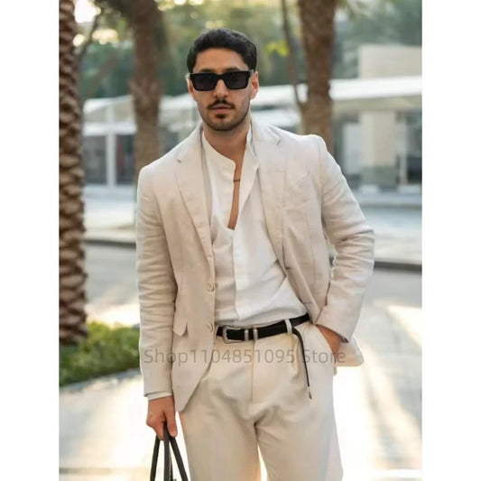 Beige Linen Men Suits Notch Lapel Slim Fit Two Buttons Blazer Pants Groom Tuxedos Wedding Prom Beach Summer 2 Piece Sets