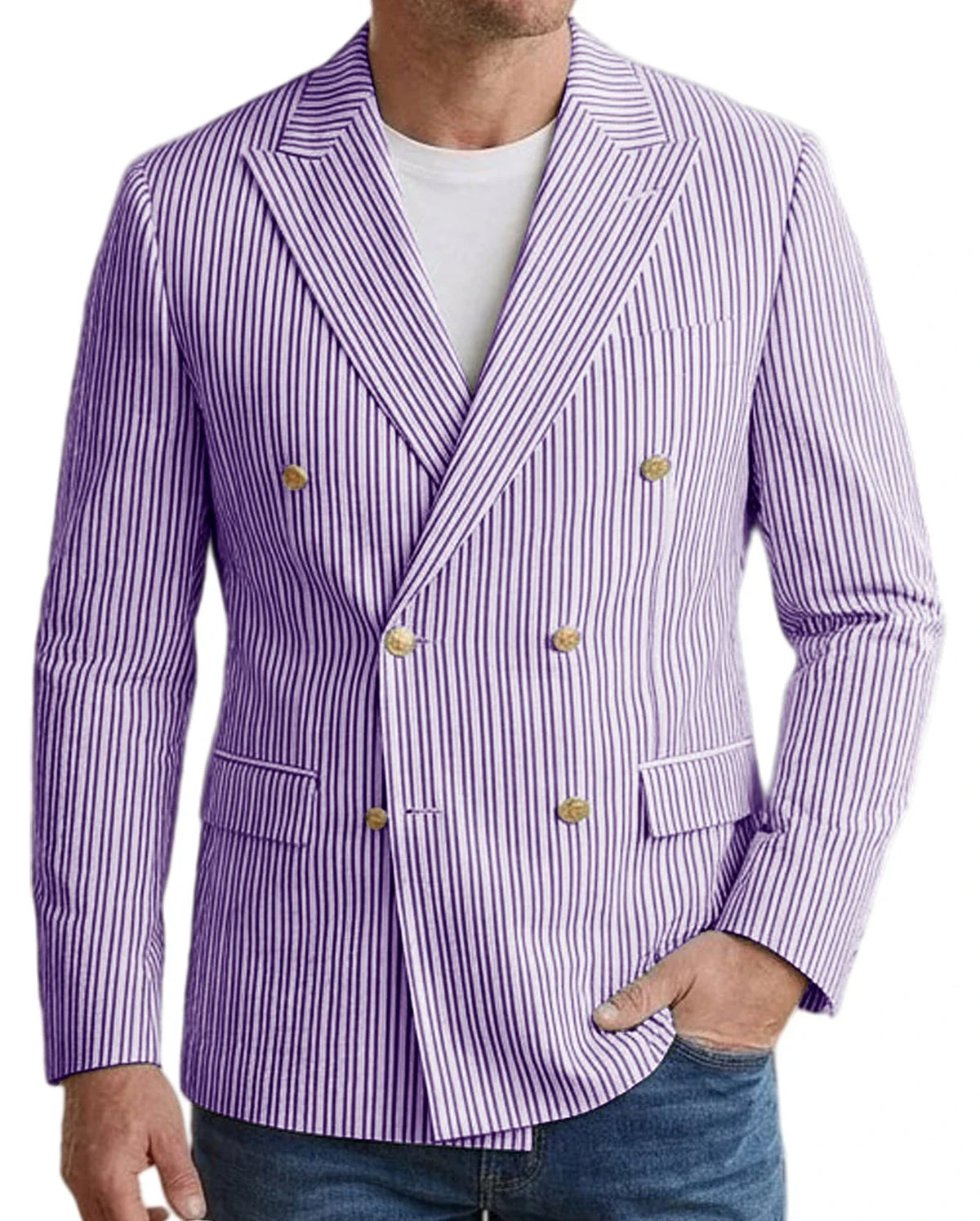 Vintage Men's Striped Double Breasted Blazer Casual Business Suit Jacket Lightweight Notched Lapel Sport Coat Wedding Party Wear