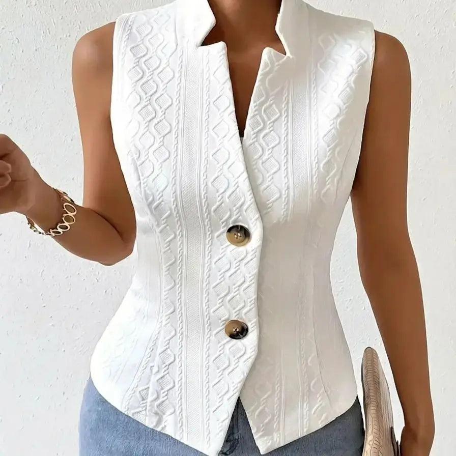 Women's Elegant V-Neck Sleeveless Blazer Vest Solid White Textured Button-Down Slim Fit Waistcoat Top