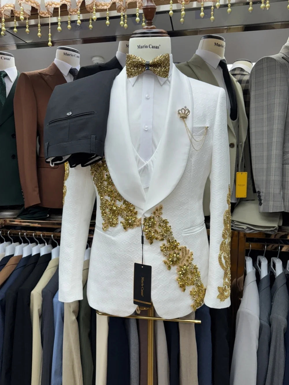 New Arrival Golden Beaded Men's Suits 3 Pieces Wedding Groom Sets Ellegant Jacquard Suit Set For Men Banquet Party Tuxedo