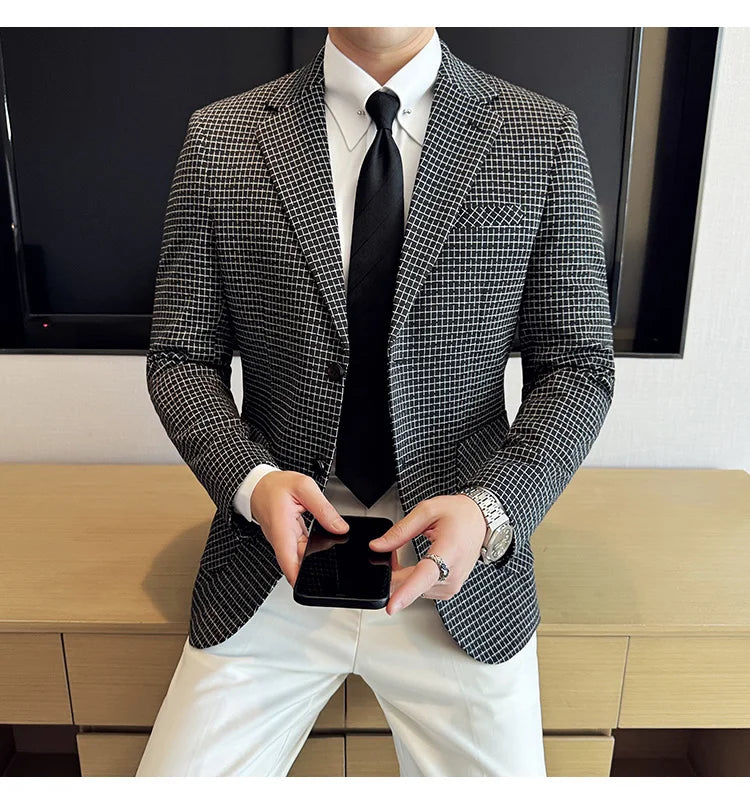 British Style Plaid Suit Jacket For Men 2025 New Business Casual Slim Blazer Formal Wedding Party Suit Dress Coats Men Clothing