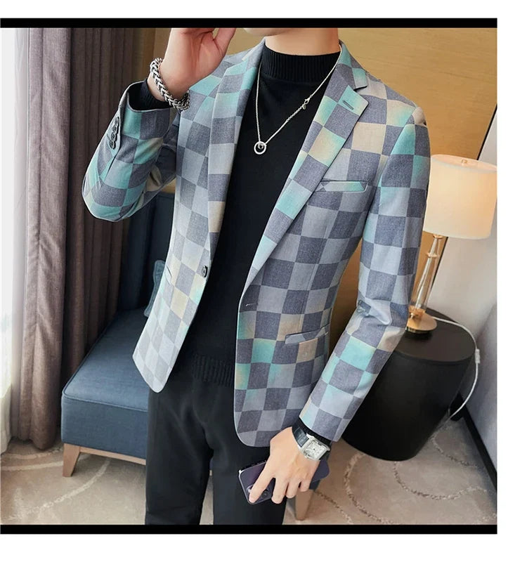 Brand Luxury Plaid Suit Jacket for Men 2023 Autumn Casual Blazer Masculino Fashion Slim Business Wedding Groom Social Dress Coat